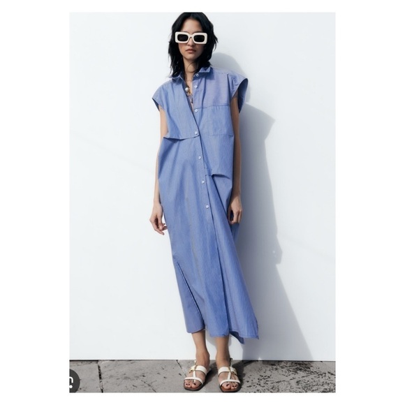 ZARA Blue Stripe Button Front Maxi Shirt Dress XS Oversized NWT - Picture 5 of 14